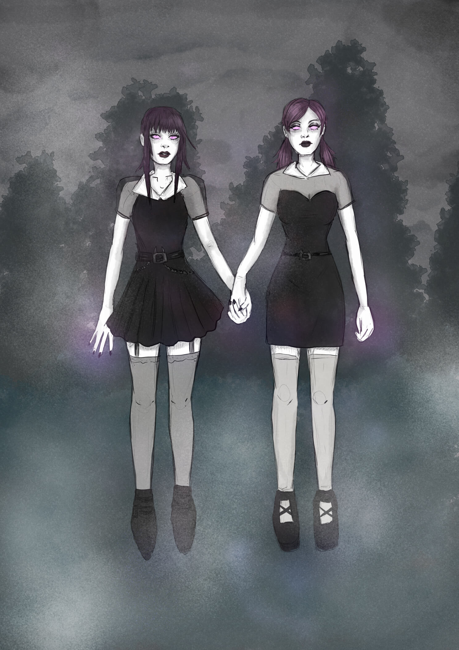 unheimliche Zwillingsschwestern im Nebel