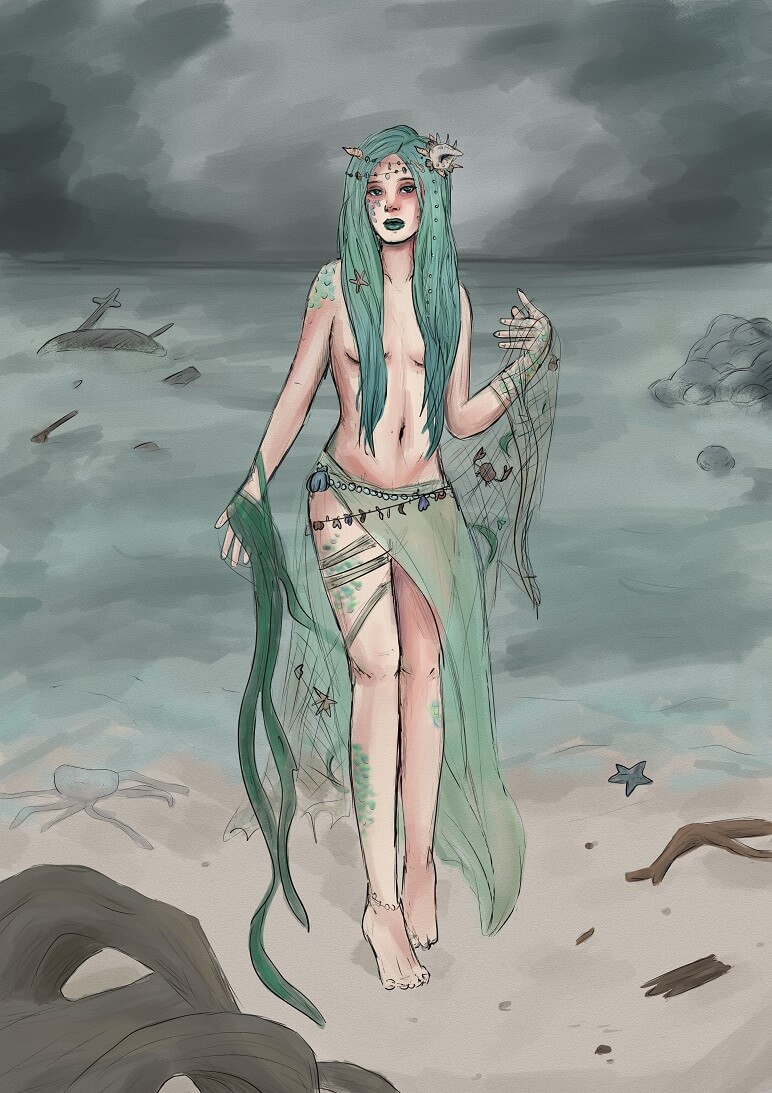 gruene Meerhexe steigt aus grauer See