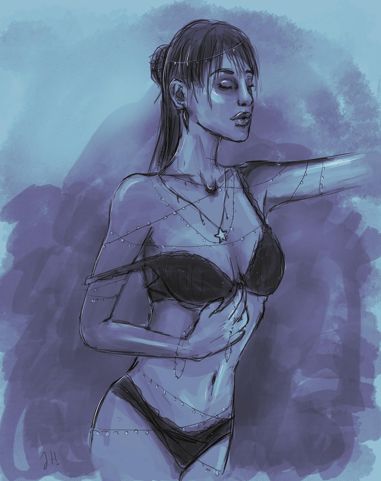 Frau in Dessous in blautoenen