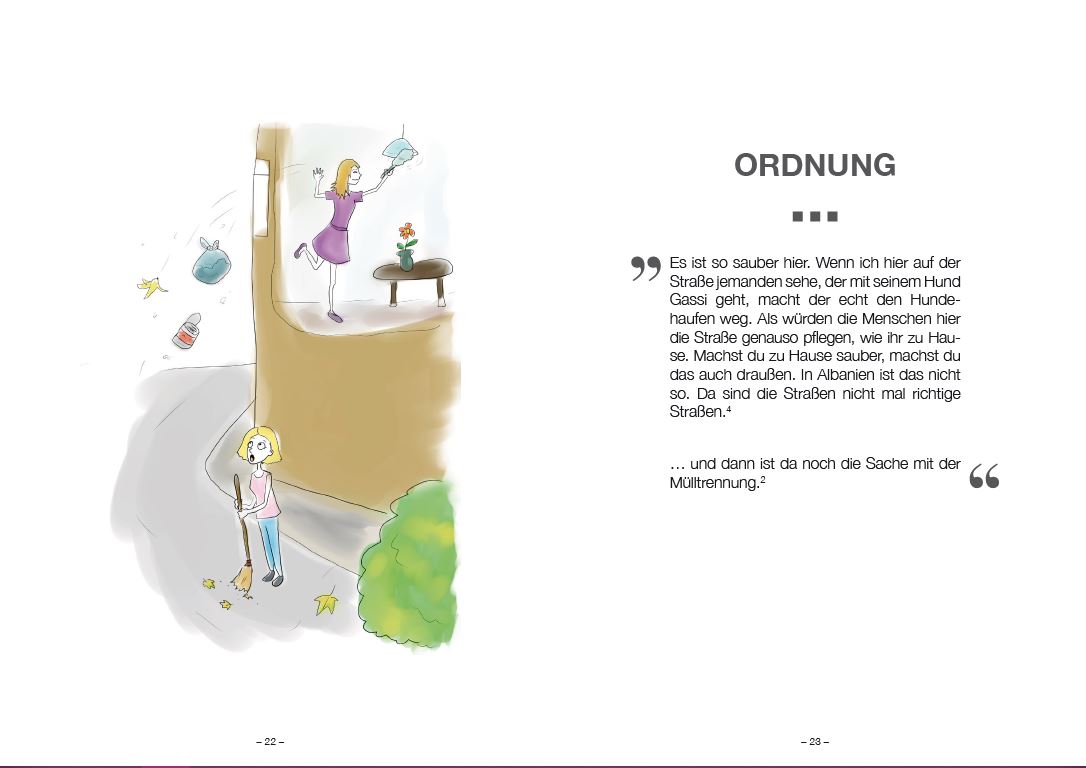 Seite einer illustrierten Broschüre, die zwei Frauen beim aufräumen zeigt