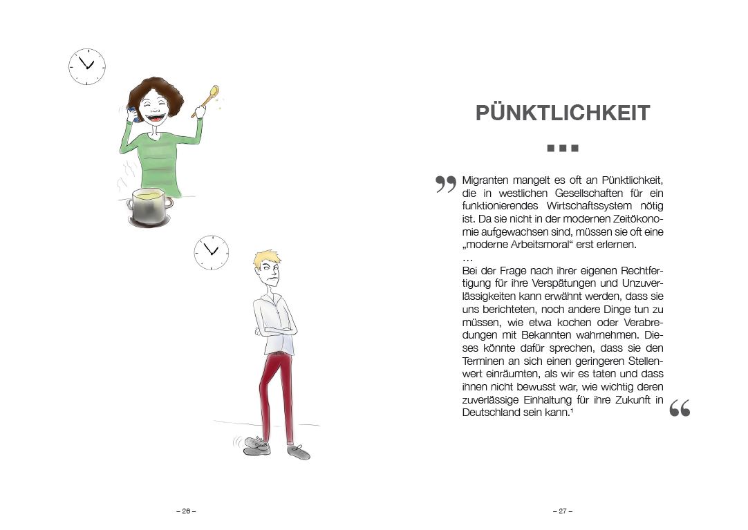 Seite einer illustrierten Broschüre, die Personen beim telefonieren und warten zeigt